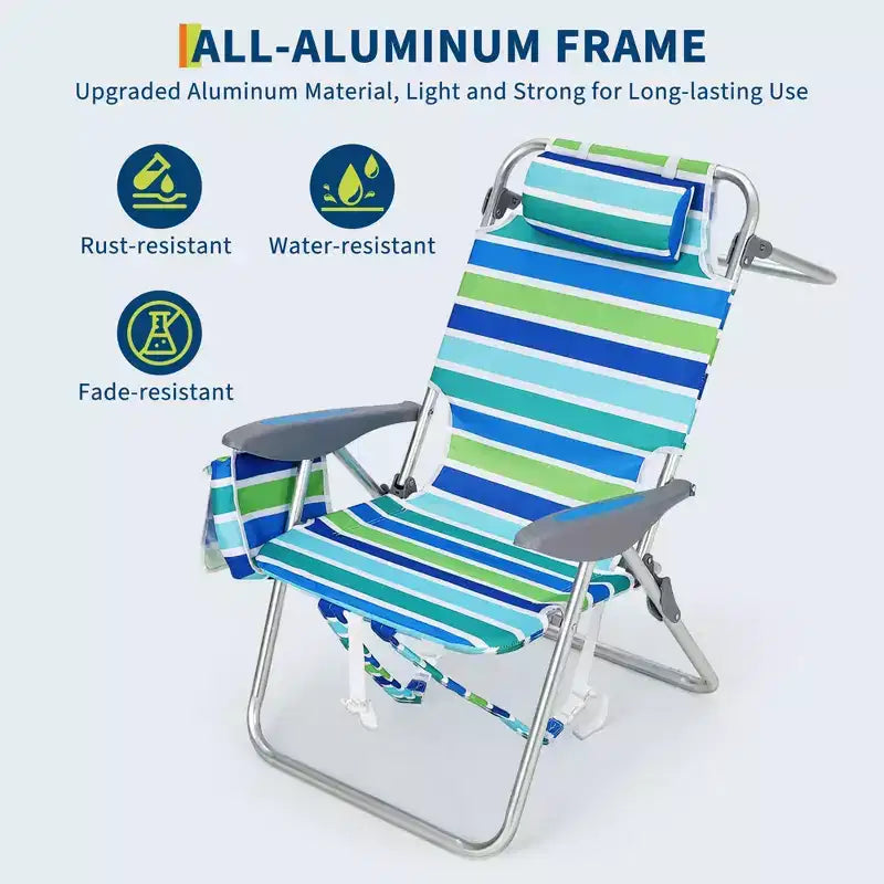 Set of 2 Backpack Beach Chairs for Adults, Lightweight Aluminum Folding Chairs with 5-Position Adjustable Backrest, Towel Bar, Storage Pockets