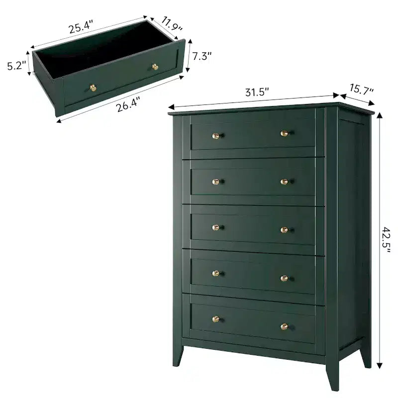 Tall 5 Drawer Dresser with Deep Drawers Metal Knobs Modern Wooden Chest of Drawers for Bedroom Entryway Hallway