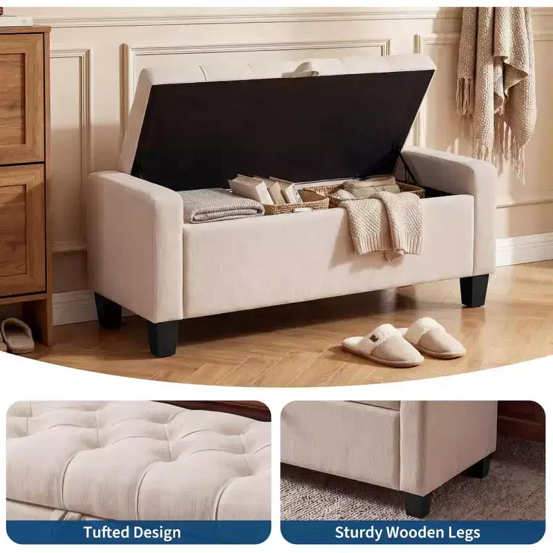 50.8 Storage Ottoman Bench, Tufted Upholstered End of Bed Storage Bench, Flip Top Entryway Bench with Safety Slow-Close Hinge for Living Room