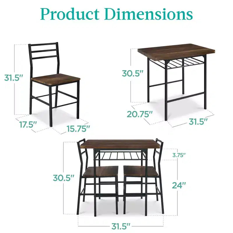 Best Choice Products 3-Piece Modern Dining Set, Square Table & Chairs Set w/ Steel Frame, Built-In Storage Rack