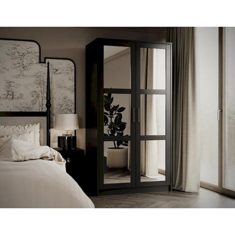 2-Door Solid Pine Wood Wardrobe Armoire with Clothing Rod & Adjustable Shelf – White / Black / Gray, Solid Wood or Mirrored Doors, Single