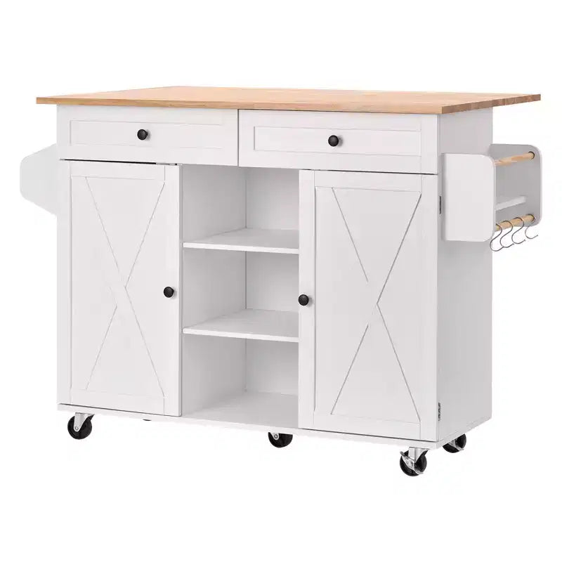 52-Inch Kitchen Island Cart with Solid Wood Top, Storage Cabinet & Drop Leaf