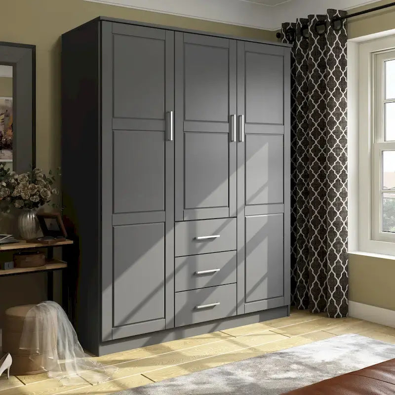 3-Door Solid Pine Wood Wardrobe Armoire, 72"H x 56"W, Mirrored or Panel Door, 3 Clothing Rods