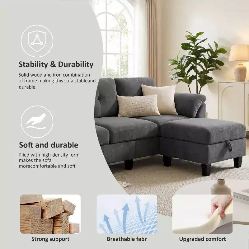 76.4-Inch Modern Three-Seater Sofa with Armrests and Pillows in Chenille Beige