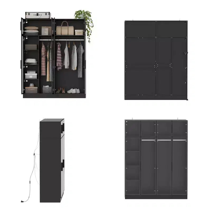 118" Floor-to-Ceiling Black Armoire Wardrobe with 3-Color LED Lights & Tempered Glass Doors