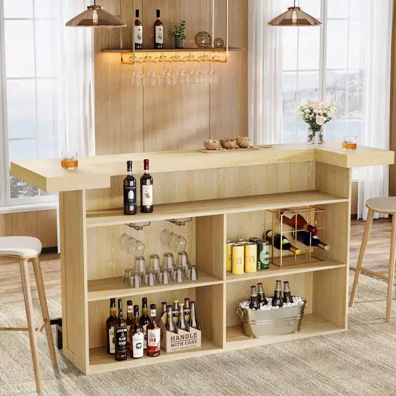 Lantine 70.9-Inch Modern 4-Tier Bar Table Home Bar Cabinet with Glass Holder and Black Footrest