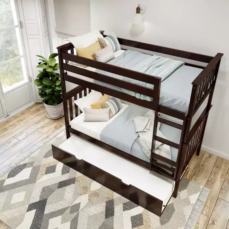 Twin over Twin Bunk Bed with Trundle, Solid Wood, Sleeps 3 – Blue / Espresso / Natural / Pecan / Walnut / White