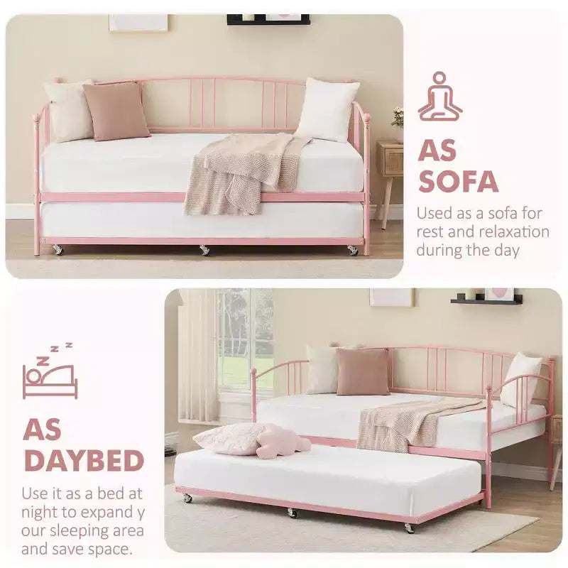 Twin Metal Daybed with Trundle,Twin Size Daybed Frame with Pullout Trundle 6 Casters,Steel Slat Support Guest Sofa Bed for Living,Bedroom,Apartment