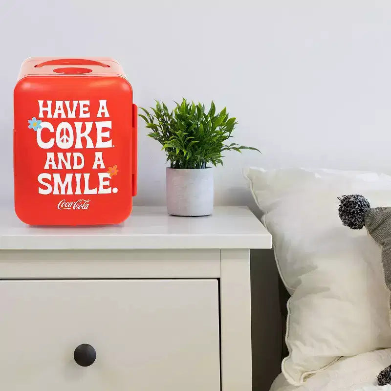 Coca-Cola Smile 1971 Series 4L Cooler/Warmer 12V DC 110V AC Mini Fridge: Dorm Beverage Refrigerator, 6 Can Capacity