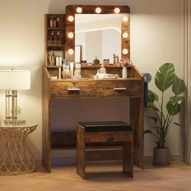 Vanity Desk with Mirror and Lights, Makeup Vanity with Power Outlet & Cushioned Stool, 3 Lighting Modes Adjustable Brightness, Dressing Table