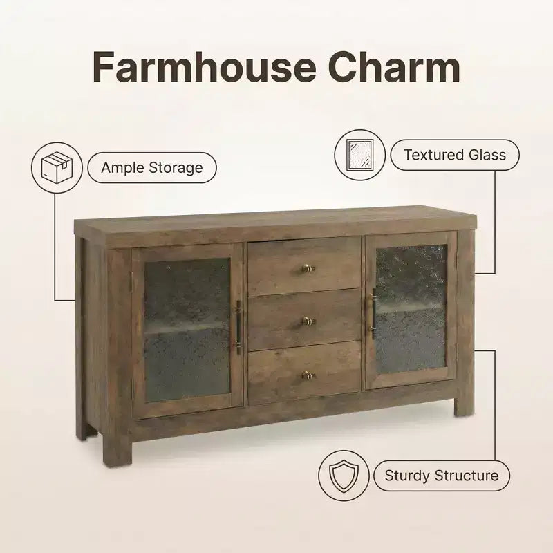 54.4 Buffet Sideboard, Accent Storage Cabinet with 2 Glass Doors & 3 Drawers, Coffee Bar Table, TV Stand for Living Room, Kitchen, Dining Room