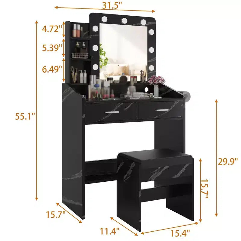 Vanity Desk with Mirror and Lights, Makeup Vanity with Power Outlet & Cushioned Stool, 3 Lighting Modes Adjustable Brightness, Dressing Table
