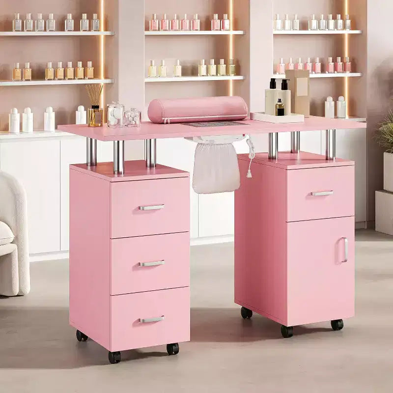 Manicure Table with Electric Dust Collector,42 Nail Table Beauty Salon Station with Lockable Wheels, Arm Rest,4 Storage Drawers,Resistant Top