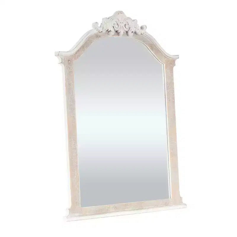 37"x28" Wooden Arched Scroll Wall Mirror with Brown Distressing Cream: No Assembly, Modern Decor