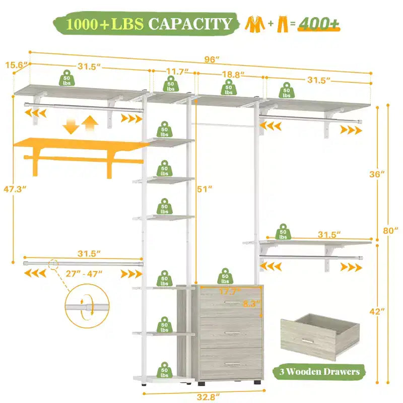Closet Organizer System with Tower Shelving & 3 Drawers, 96"x80", 1200 lbs Capacity
