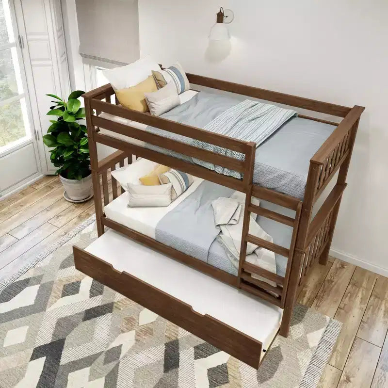 Twin over Twin Bunk Bed with Trundle, Solid Wood, Sleeps 3 – Blue / Espresso / Natural / Pecan / Walnut / White