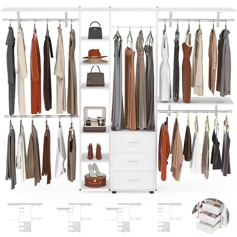 Closet Organizer System with Tower Shelving & 3 Drawers, 96"x80", 1200 lbs Capacity