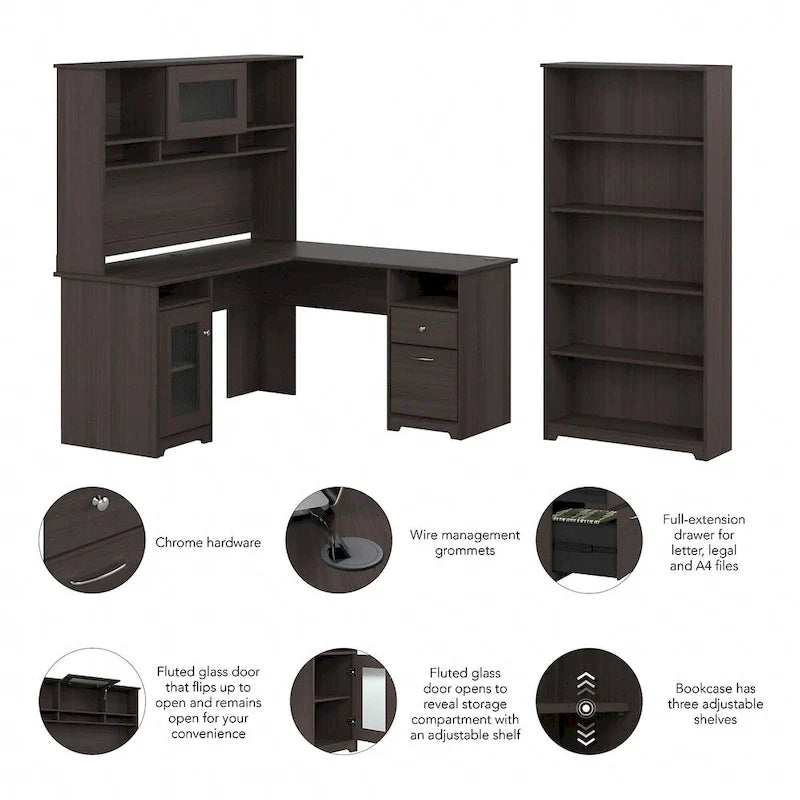 60" L-Shaped Computer Desk with Hutch, 5-Shelf Bookcase & File Drawer, 200 lb Desktop Capacity