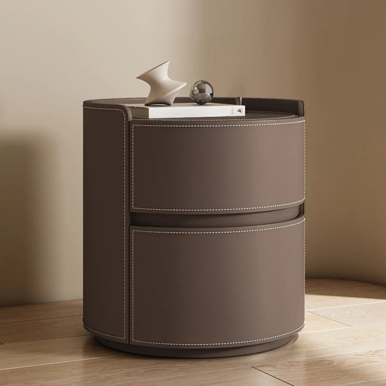 Modern Leather Tray Round 2-Drawer Nightstand
