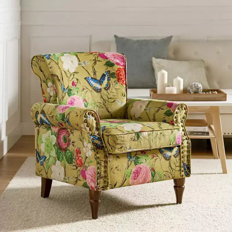 Traditional Wooden Upholstered Floral Armchair with Wingback and Nailhead Trim
