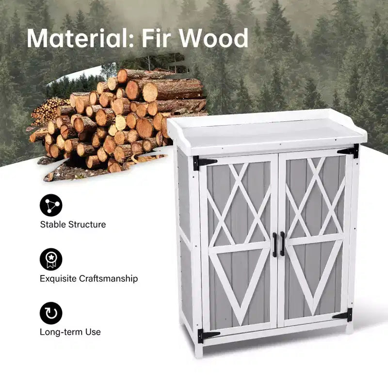 Waterproof storage cabinet, wooden garden workbench with 2 removable shelves, galvanized metal tabletop, suitable for indoor and outdoor use.