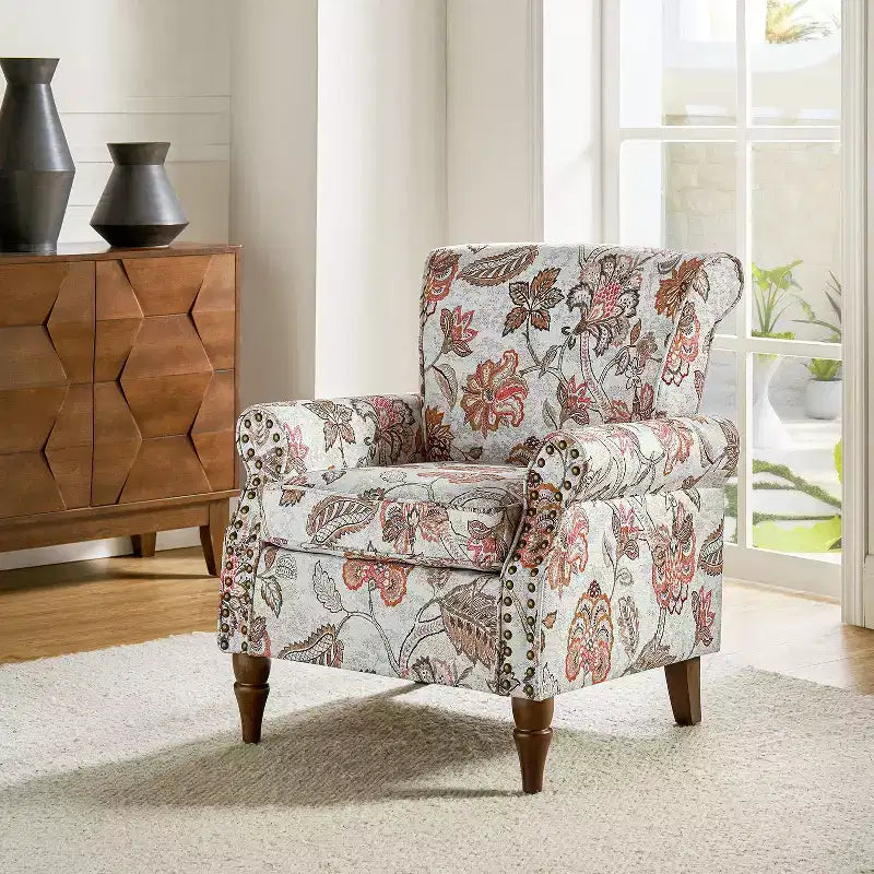 Traditional Wooden Upholstered Floral Armchair with Wingback and Nailhead Trim