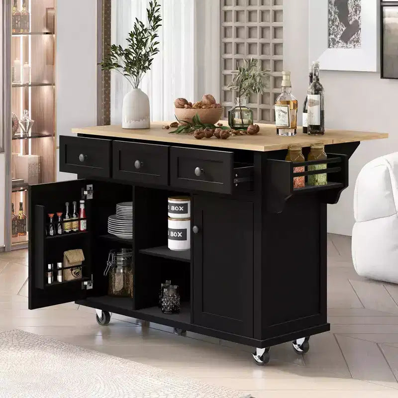 Kitchen Island With Storage Cabinet & 3 Drawers, Drop-Leaf Countertop, Rolling Cart With Locking Casters, Black