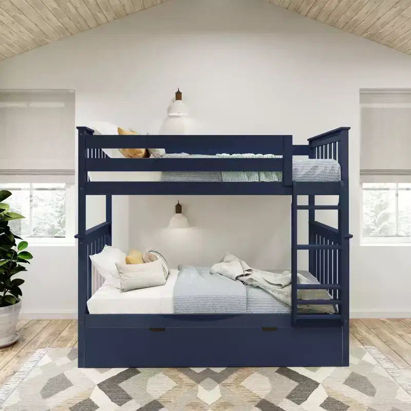 Twin over Twin Bunk Bed with Trundle, Solid Wood, Sleeps 3 – Blue / Espresso / Natural / Pecan / Walnut / White