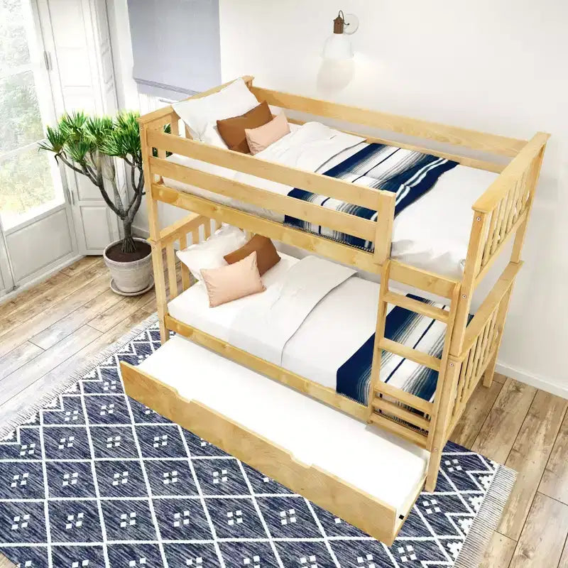 Twin over Twin Bunk Bed with Trundle, Solid Wood, Sleeps 3 – Blue / Espresso / Natural / Pecan / Walnut / White