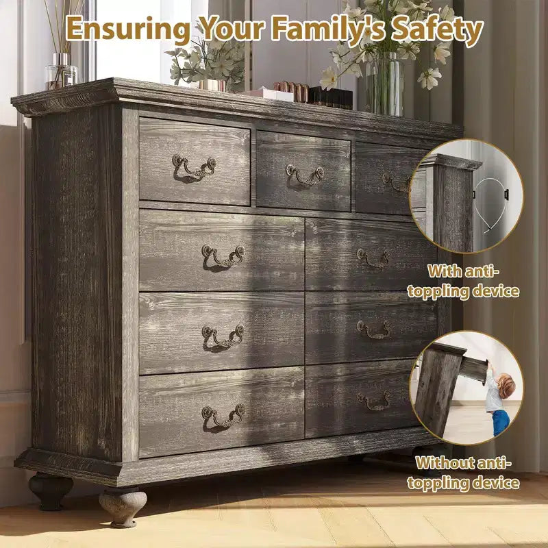 9 Drawers Dresser, Wood Rustic Chest of Drawers with Metal Handles, Storage Organizer for Bedroom, Living Room