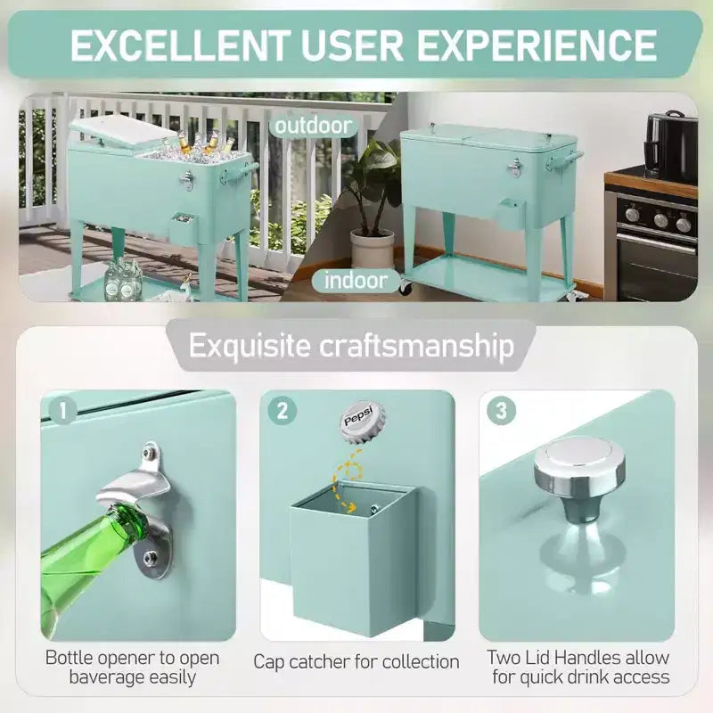 NAYSAYE 80 Quart Rolling Ice Chest Portable Bar Drink Cooler with Catch Basin, Bottom Storage Tray for Patio Party BBQ Beach, Green, 34.3*15.2*35.8