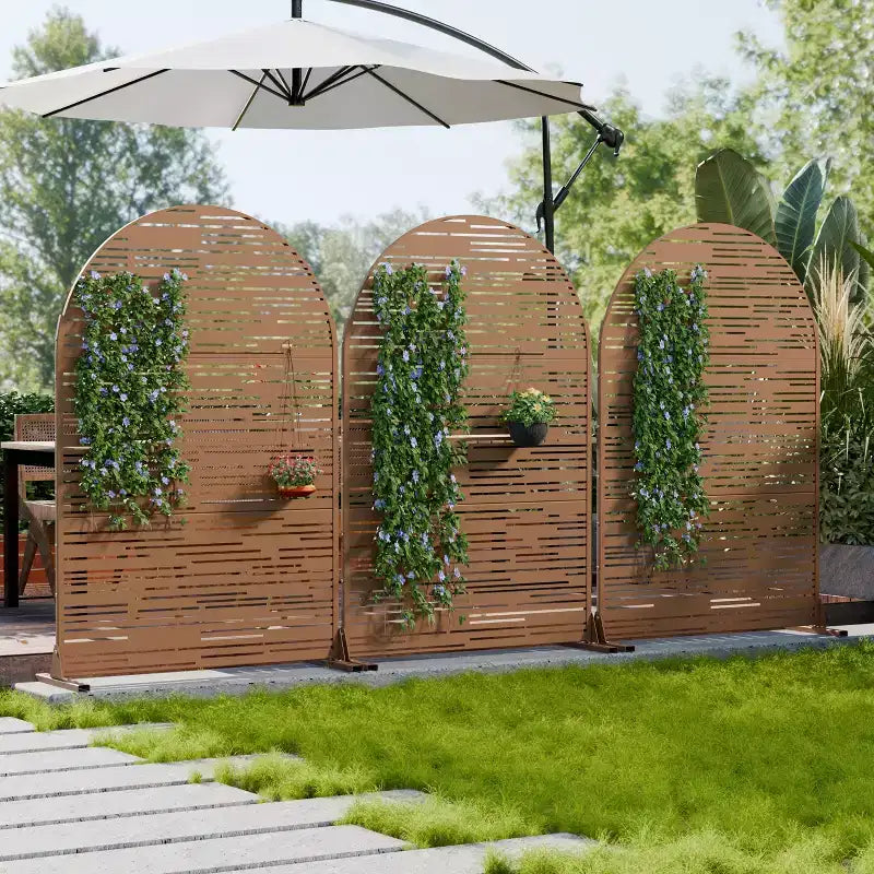 Dovelina 72H x 47W Arched Outdoor Metal Privacy Screen Freestanding Fence Panels in White/Brown for Garden Patio Deck Yard