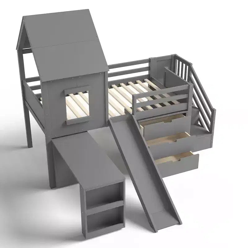 Twin Size Loft Bed with 3 Drawers & Storage Stair, Wooden House-style Bed Frame with Slide and Remevoable Desk