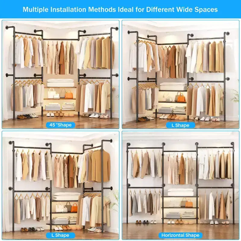 Besiost Industrial Pipe Clothing Rack, 7.3-10.9Ft Wall Mounted Closet System