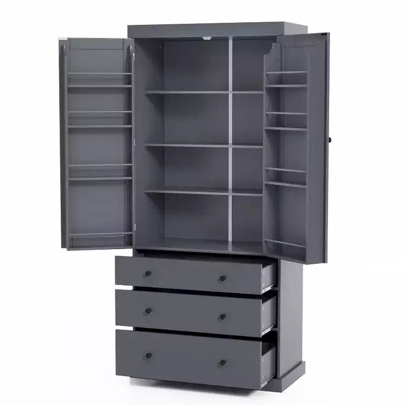 Freestanding Kitchen Pantry Organizer, Cabinet with 3-Adjustable Shelves, 3-Drawers, 8-Door Inner Shelves