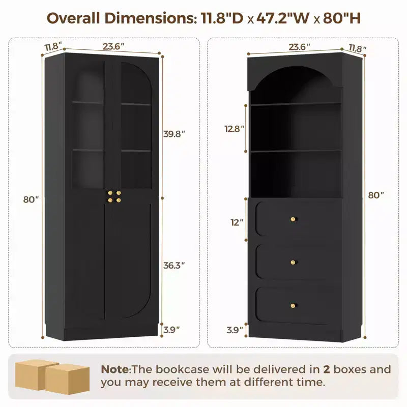 Besiost Combination Pantry cabinet with doors, Set of 2 bookcase with glass doors and shelves
