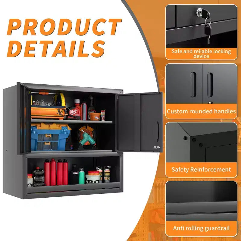 VIYET 30H Wall-Mounted Steel Cabinet - Locking Doors + Open Drawer + Adjustable Shelf, Cold-Rolled Steel, Garage/Office/Warehouse/Home/School
