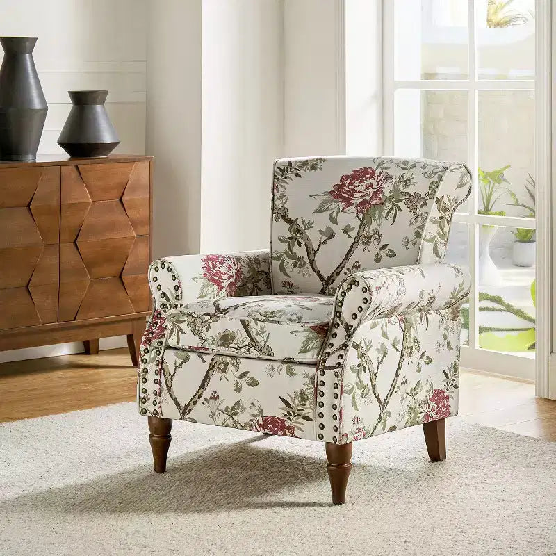 Traditional Wooden Upholstered Floral Armchair with Wingback and Nailhead Trim