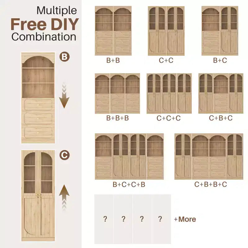Besiost Combination Pantry cabinet with doors, Set of 2 bookcase with glass doors and shelves