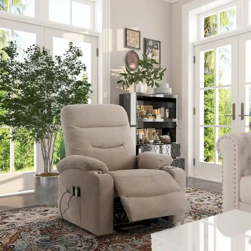 Soft Upholstered Electric Massage Recliner with Cup Holder & Dual Remote