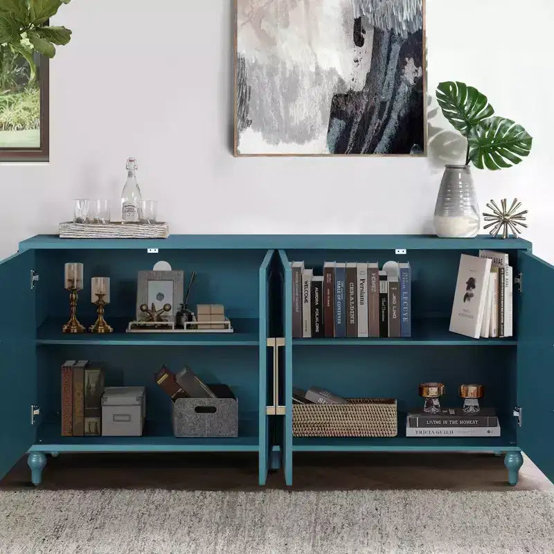 Large Storage Cabinet with Metal Handle, Carved Flower Doors, Wooden Mordern Sideboard Console with Adjustable Shelves