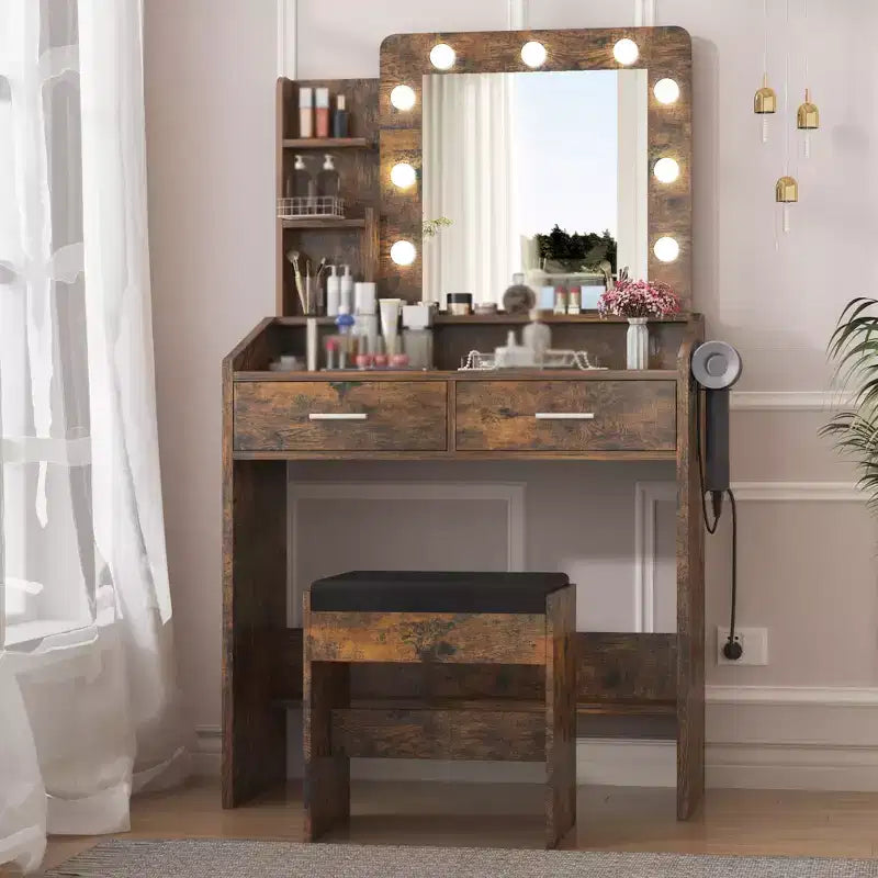 Vanity Desk with Mirror and Lights, Makeup Vanity with Power Outlet & Cushioned Stool, 3 Lighting Modes Adjustable Brightness, Dressing Table