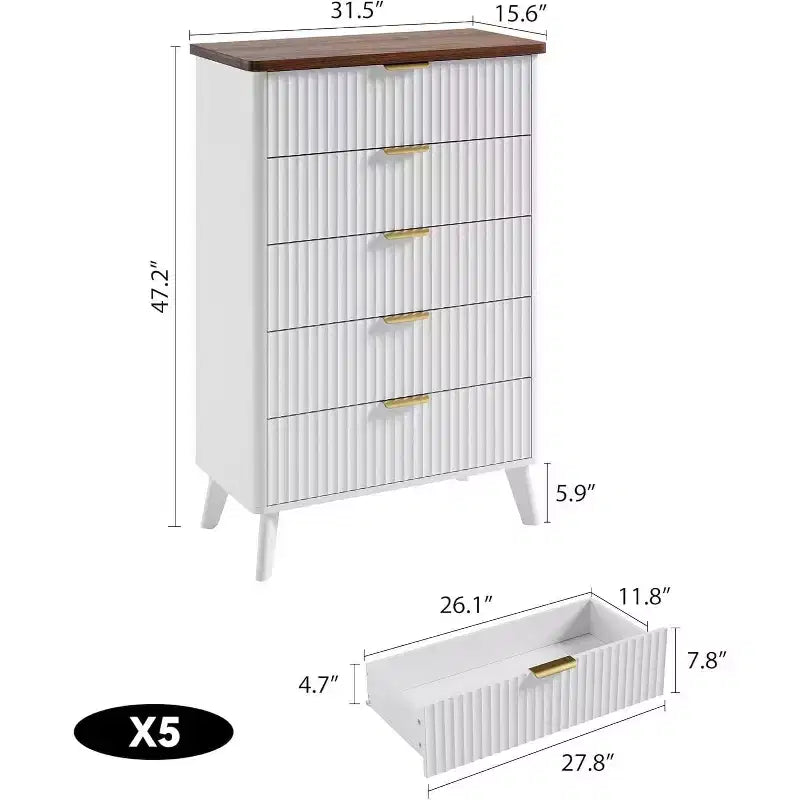 5-Drawer Fluted Dresser, 47.2-Inch Tall Chest of Drawers, Curved Design