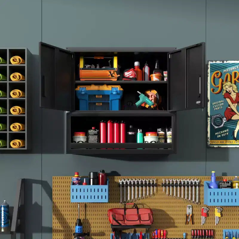 VIYET 30H Wall-Mounted Steel Cabinet - Locking Doors + Open Drawer + Adjustable Shelf, Cold-Rolled Steel, Garage/Office/Warehouse/Home/School