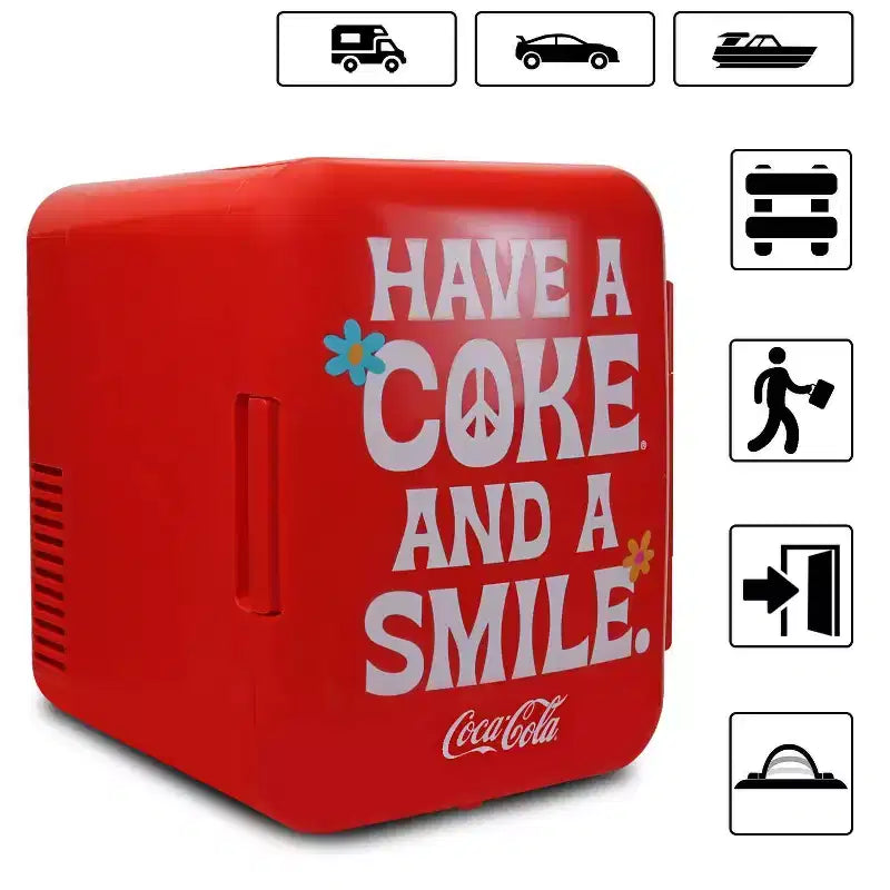 Coca-Cola Smile 1971 Series 4L Cooler/Warmer 12V DC 110V AC Mini Fridge: Dorm Beverage Refrigerator, 6 Can Capacity