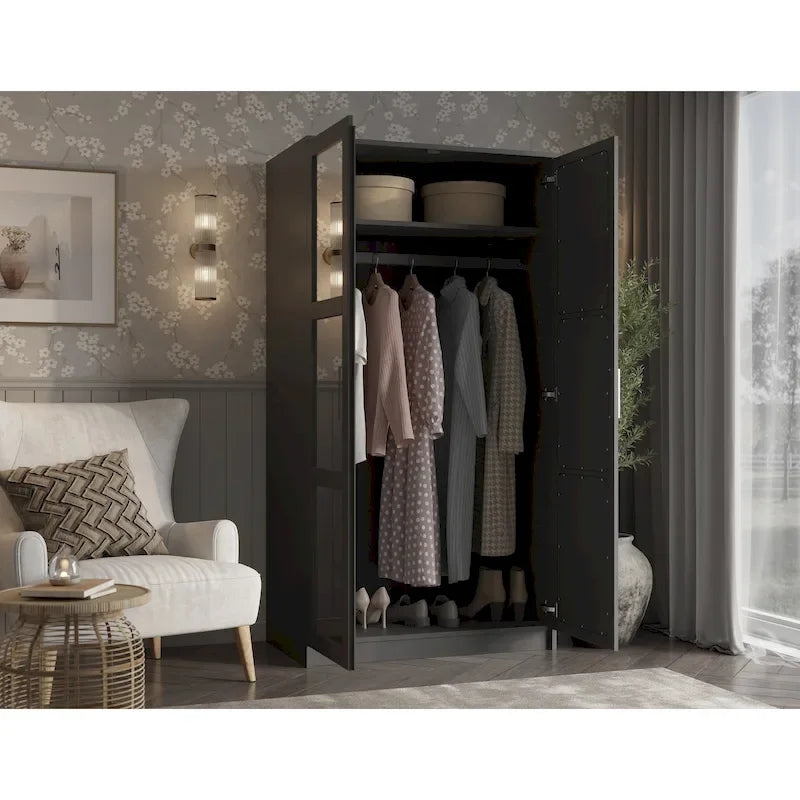 2-Door Solid Pine Wood Wardrobe Armoire with Clothing Rod & Adjustable Shelf – White / Black / Gray, Solid Wood or Mirrored Doors, Single