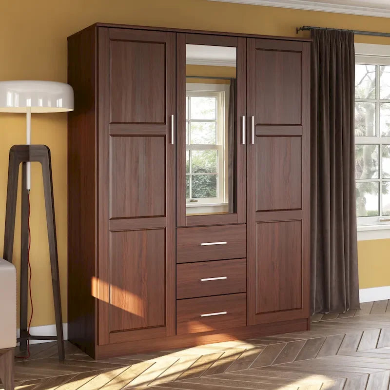 3-Door Solid Pine Wood Wardrobe Armoire, 72"H x 56"W, Mirrored or Panel Door, 3 Clothing Rods