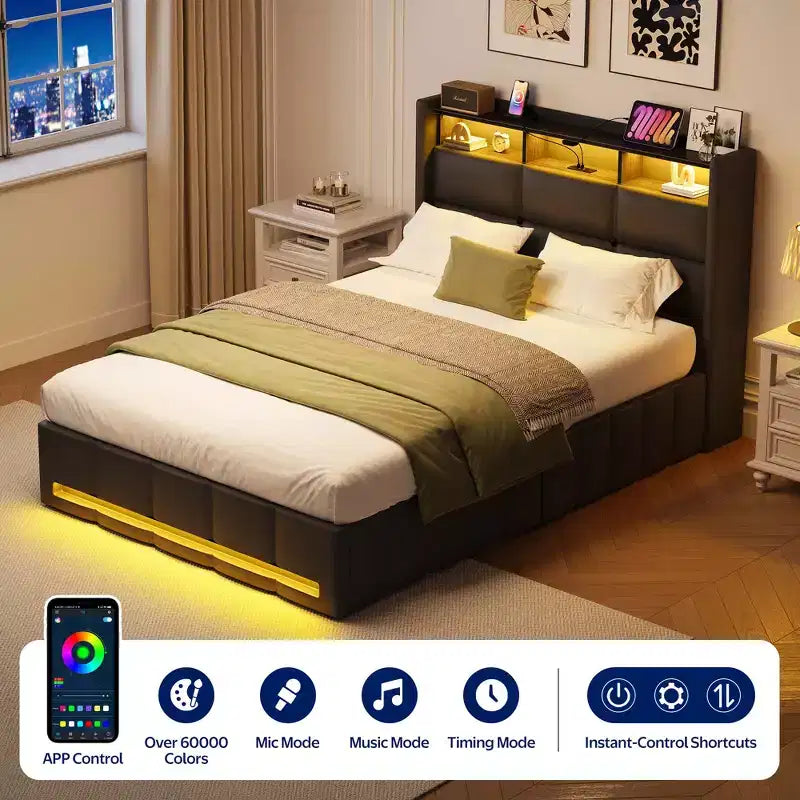 Greenstell Upholstered Lift Storage Bed with LED Lights & Charging Station, Modern Platform Bed, Heavy Duty Wooden Slats
