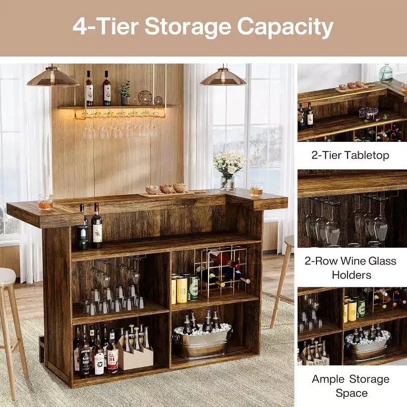 Lantine 70.9-Inch Modern 4-Tier Bar Table Home Bar Cabinet with Glass Holder and Black Footrest