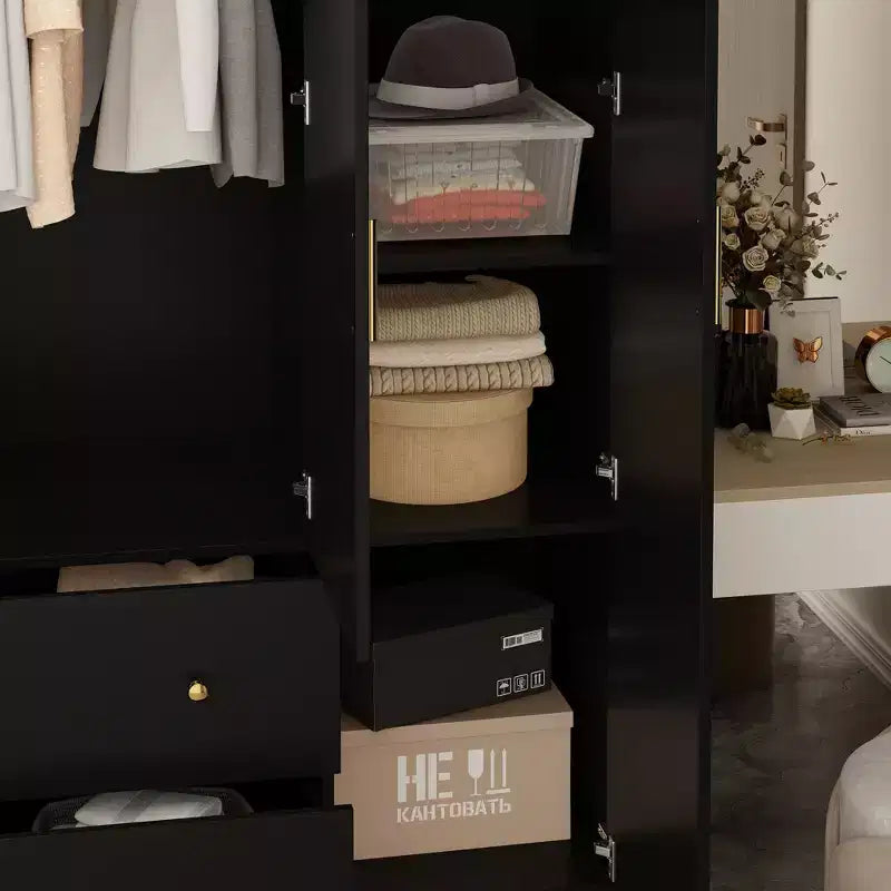Modern Wardrobe with Mirror Closet Organization Armoire: Sturdy Rails, Smooth Drawers Practical & Stylish